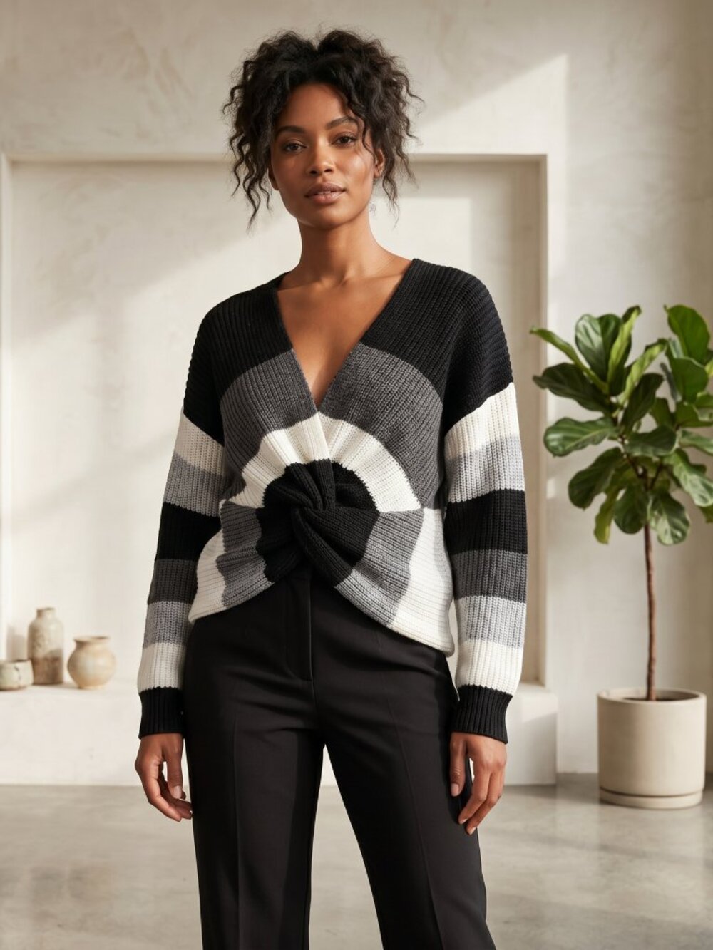 Alison Andrews Edgy Sweater Black White Twist Knot Colorblock Alt Grunge Size XL
